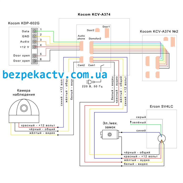 Схема подключения видеодомофона Kocom KCV-A374/SV4LC