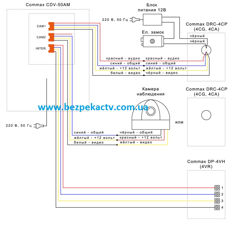 Схема подключения видеодомофона Commax CDV-50AM